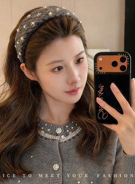 秋冬珠珠花朵宽边发箍女高级感海绵灰色头箍洗脸压发时尚发捆发卡