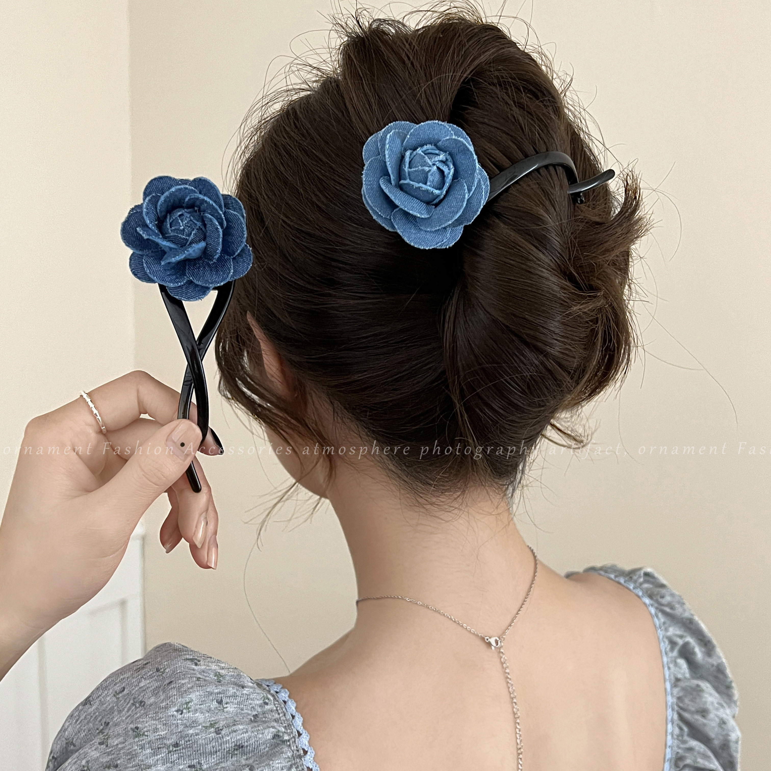 牛仔蓝玫瑰花朵发夹女扭扭夹一字夹优雅半扎发夹子后脑盘发卡头花