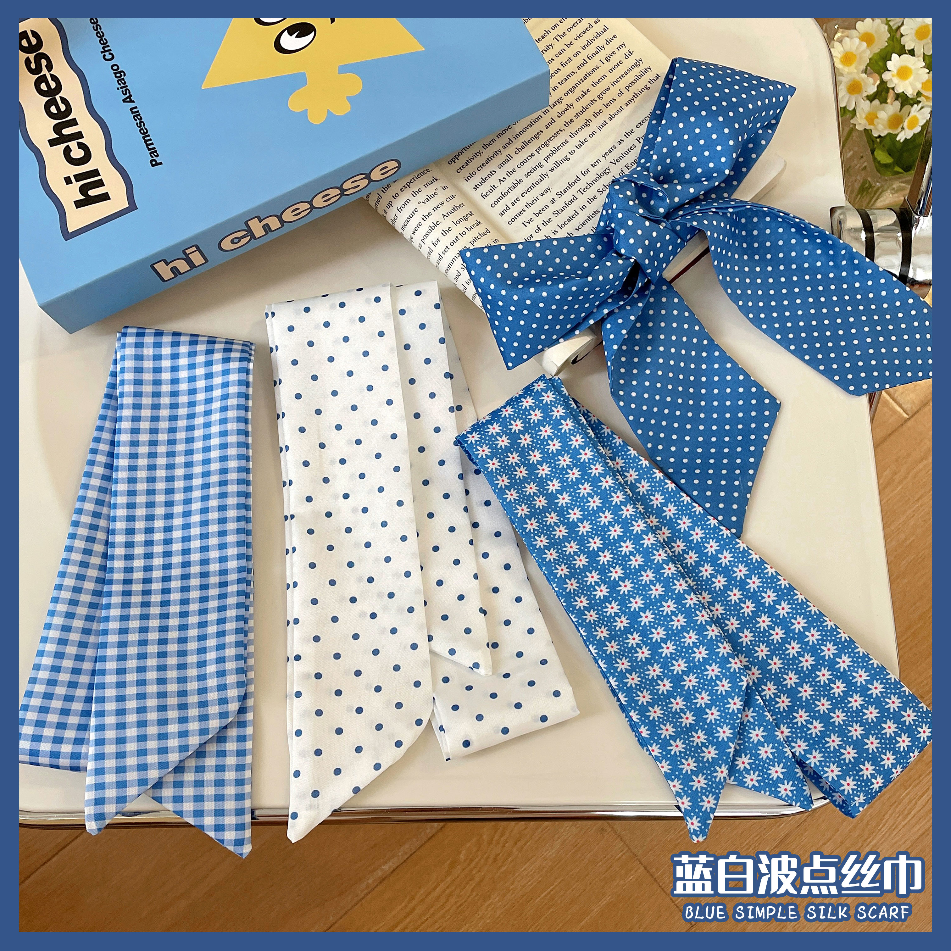 蓝色波点碎花丝巾女长款系脖飘带2025新款夏季多功能日常外戴丝带