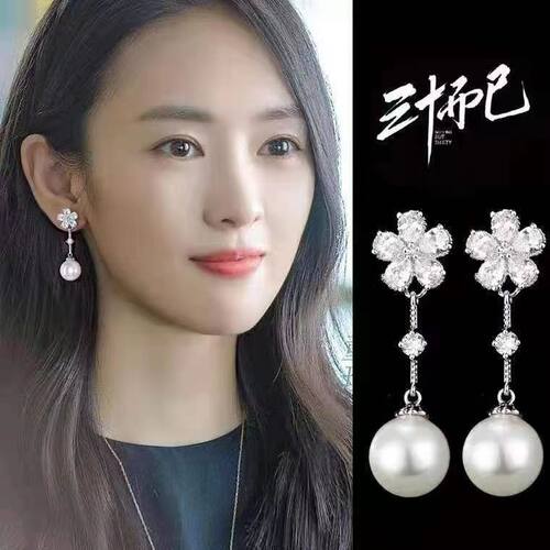 925纯银珍珠耳环网红耳坠长款时尚气质女防过敏耳饰夸张无耳洞免