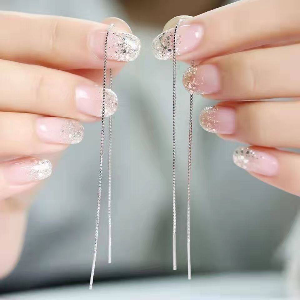 s925纯银精致甜美百搭珍珠耳线韩范气质个性简约多带法长款耳坠女