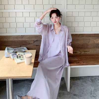 紫色无袖吊带连衣裙开衫两件套女