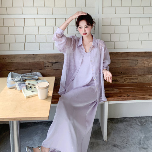 紫色无袖吊带连衣裙开衫两件套女