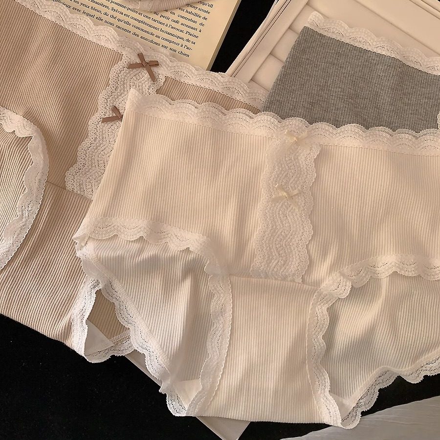 颜值控‘日系甜美螺纹棉2025新款奶油透气内裤女中腰蕾丝边全棉裆,女士内衣/男士内衣/家居服,女三角裤,淘宝优惠券,粉丝福利购,淘宝优惠卷