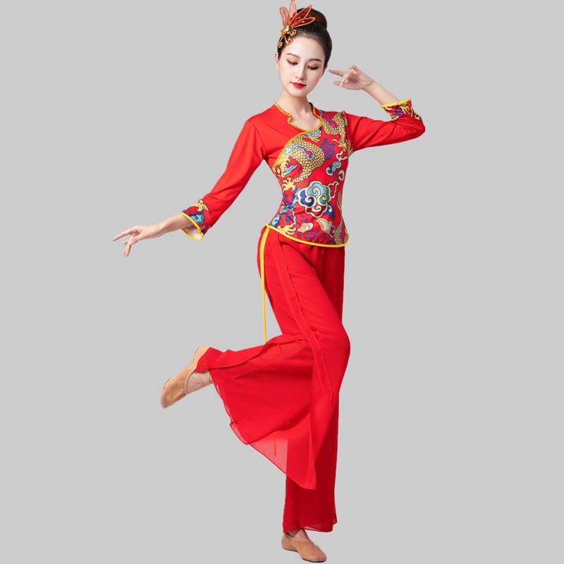高档新款龙纹秧歌服红色喜庆打鼓服装中老年人广场舞腰鼓服年会演