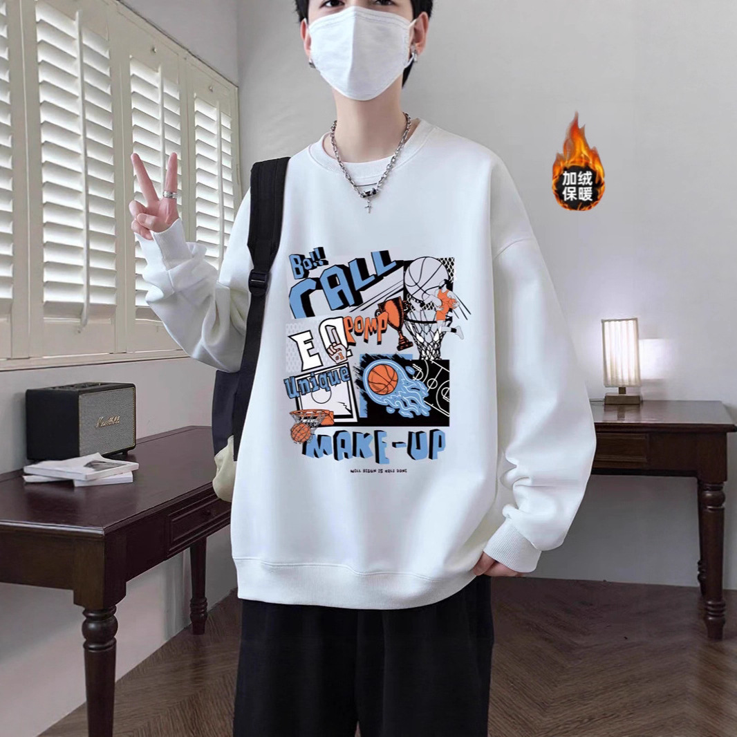 潮牌重磅加绒圆领卫衣男冬季复古设计感内搭上衣男装加厚无帽卫衣