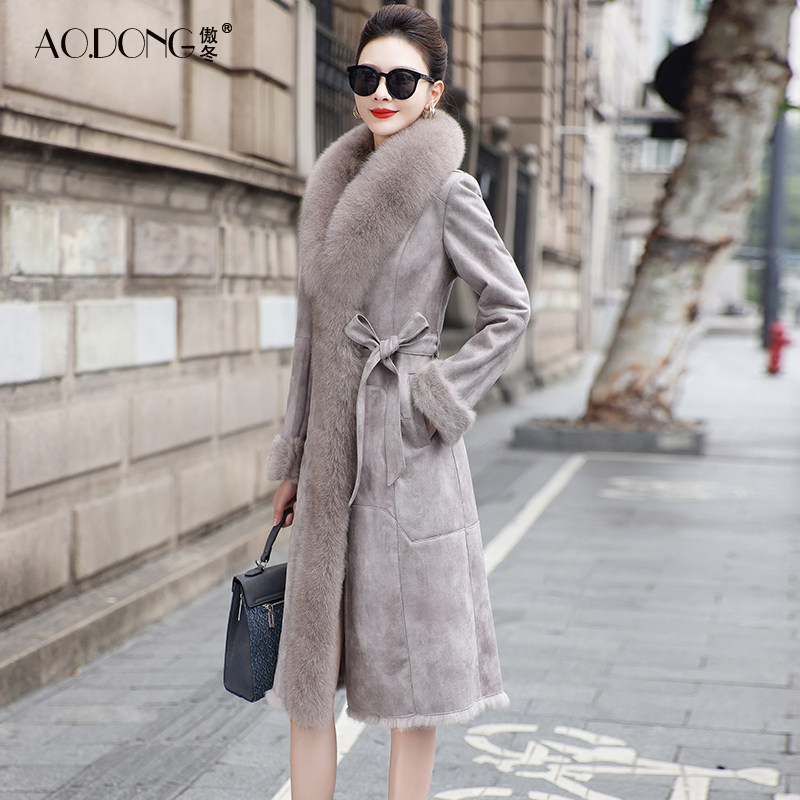 2025新款海宁兔毛皮草一体外套女狐狸毛领修身中长款保暖大衣冬季