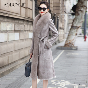 2025新款海宁兔毛皮草一体外套女狐狸毛领修身中长款保暖大衣冬季