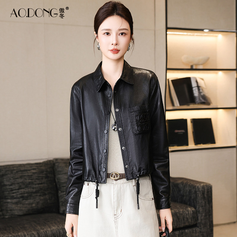 海宁真皮皮衣女短款植鞣绵羊皮翻领长袖小个子夹克衫单皮外套春秋