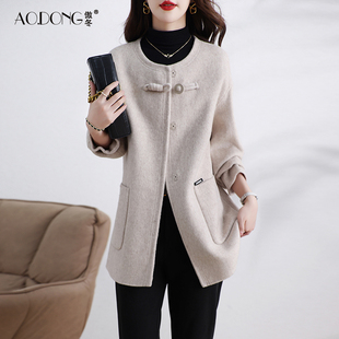 2024新款双面绒大衣女中长款修身圆领高级感羊毛呢时尚外套秋冬