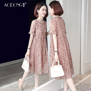 高级杭州真丝连衣裙女士中年妈妈印花甜美气质收腰桑蚕丝裙子夏季