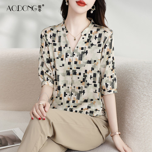 2024短袖桑蚕丝真丝v领T恤几何