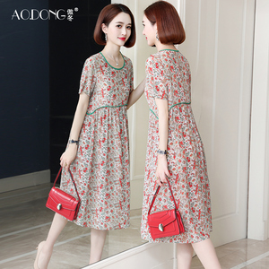 高级双绉真丝连衣裙女印花妈妈气质重磅桑蚕丝收腰显瘦裙子夏季