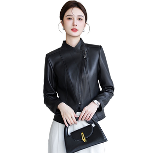 海宁真皮皮衣女短款斜拉链绵羊皮长袖时尚立领夹克机车服外套春秋