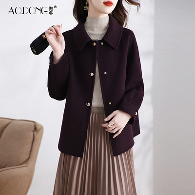 新款双面绒大衣女短款显瘦小个子羊毛呢妈妈娃娃领修身外套秋冬