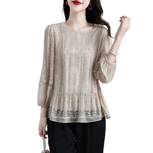 2025新款杭州高级真丝上衣女中年妈妈气质桑蚕丝T恤刺绣洋气春夏