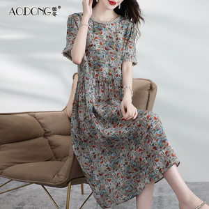 新款真丝连衣裙女时尚双绉桑蚕丝时尚短袖收腰显瘦甜美裙子夏季