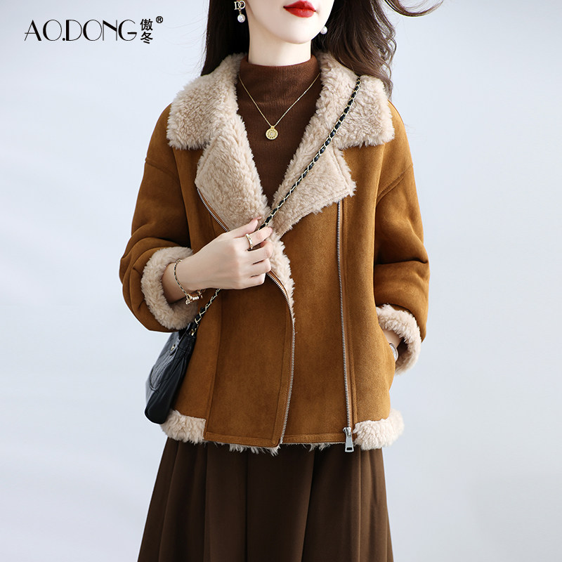 海宁颗粒绒皮草外套女短款加厚保暖斜拉链夹克保暖羊羔毛大衣冬季