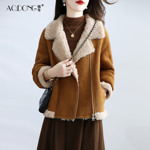 海宁颗粒绒皮草外套女短款加厚保暖斜拉链夹克保暖羊羔毛大衣冬季