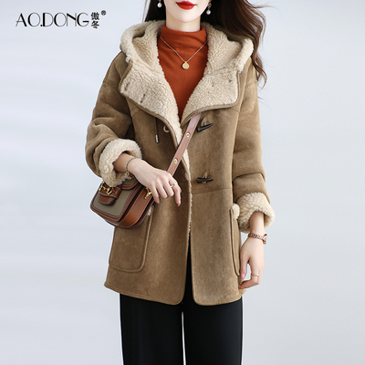 中长款牛角扣冬季两面穿米咖色