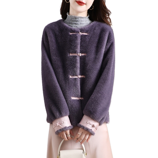 新款海宁仿水貂毛环保皮草外套女短款甜美金貂绒新中式大衣冬季