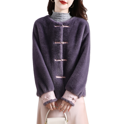 新款海宁仿水貂毛环保皮草外套女短款甜美金貂绒新中式大衣冬季