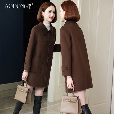 新款双面绒大衣女中长款显瘦羊毛小个子中老年妈妈娃娃领外套秋冬