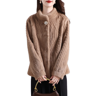 海宁仿水貂毛环保皮草外套女短款长袖保暖金貂绒妈妈韩版大衣冬季