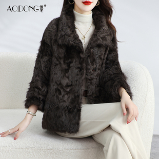 新款海宁高端小湖羊皮毛一体皮草女羊羔毛毛毛翻领柔软短款外套冬