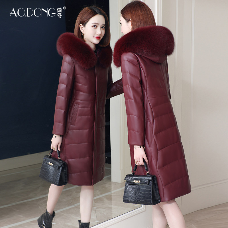 海宁皮衣真皮羽绒服女中长款修身妈妈加厚狐狸毛领皮草收腰外套冬