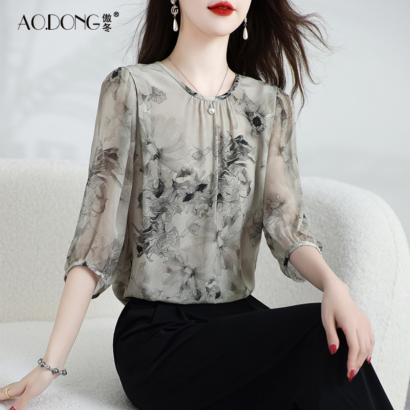 2025新款真丝上衣女妈妈桑蚕丝T恤复古收腰中国风印花小衫夏季,女装/女士精品,真丝上装,淘宝优惠券,粉丝福利购,淘宝优惠卷