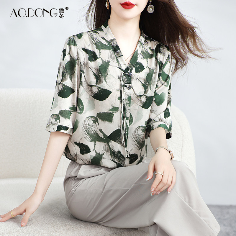 新中式真丝上衣女短袖新款桑蚕丝透气小衫复古显瘦国风妈妈衬衫夏
