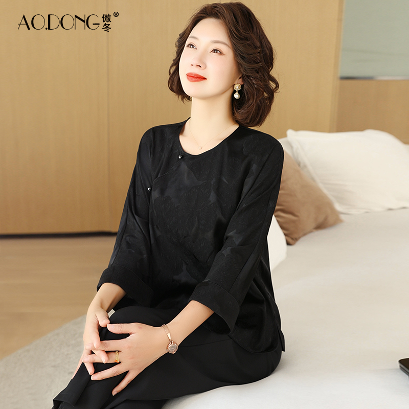 新款桑蚕丝真丝新中式圆领妈妈