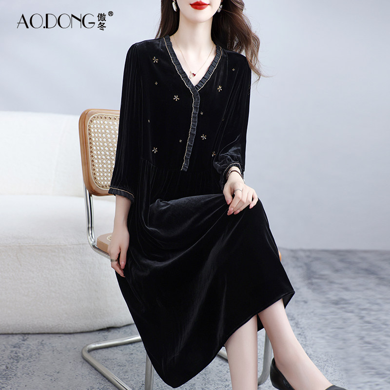 高端真丝丝绒连衣裙女中袖桑蚕丝显瘦妈妈装串珠黑色洋气裙子春秋,女装/女士精品,连衣裙,淘宝优惠券,粉丝福利购,淘宝优惠卷