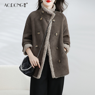 25海宁颗粒绒皮草外套女两面穿中长款 一体保暖立领羊羔毛大衣冬季