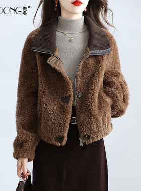 海宁颗粒绒皮草外套女短款一体保暖翻领加厚年轻款羊羔毛大衣冬季