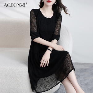 新款高级真丝连衣裙女显瘦温柔桑蚕丝刺绣收腰气质洋气裙子夏季