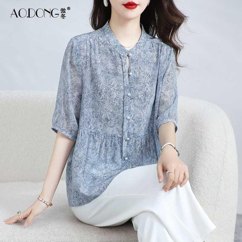 新款真丝上衣女印花气质桑蚕丝透气小衫显瘦中老年妈妈装衬衫夏季