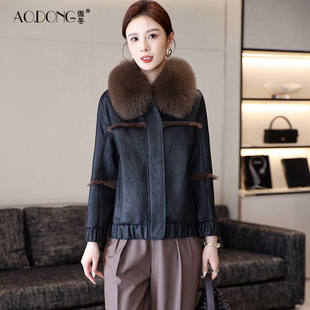 新款海宁兔毛皮草一体夹克外套女装短款修身狐狸毛领保暖大衣冬季