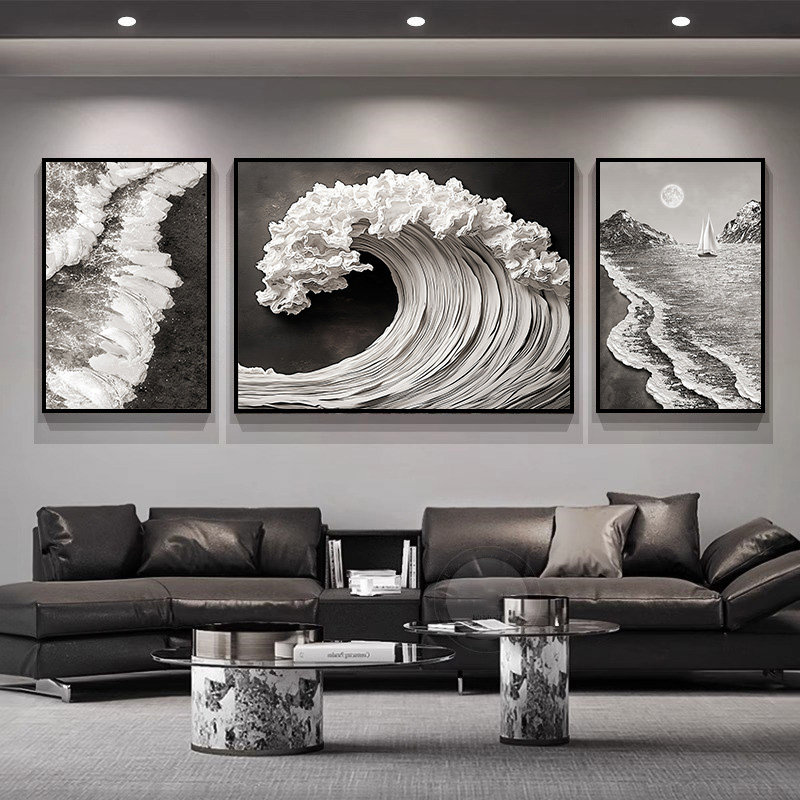风生水起客厅装饰画高级感黑白灰挂画浮雕立体感沙发背景墙三联画