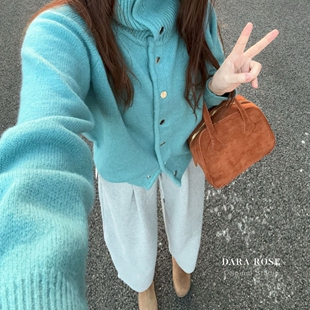 韩系立领毛衣杭州意法立领湖蓝色单排扣韩国简约保暖毛衣含20羊毛