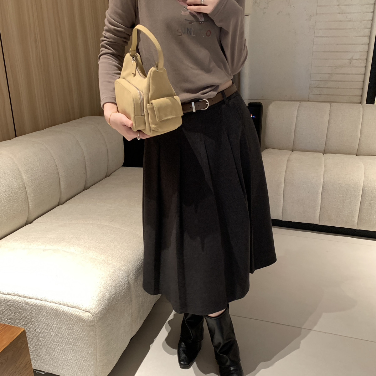 秋上新高品质毛呢百褶半身裙(配腰带)a字版半身裙女士秋新款大摆