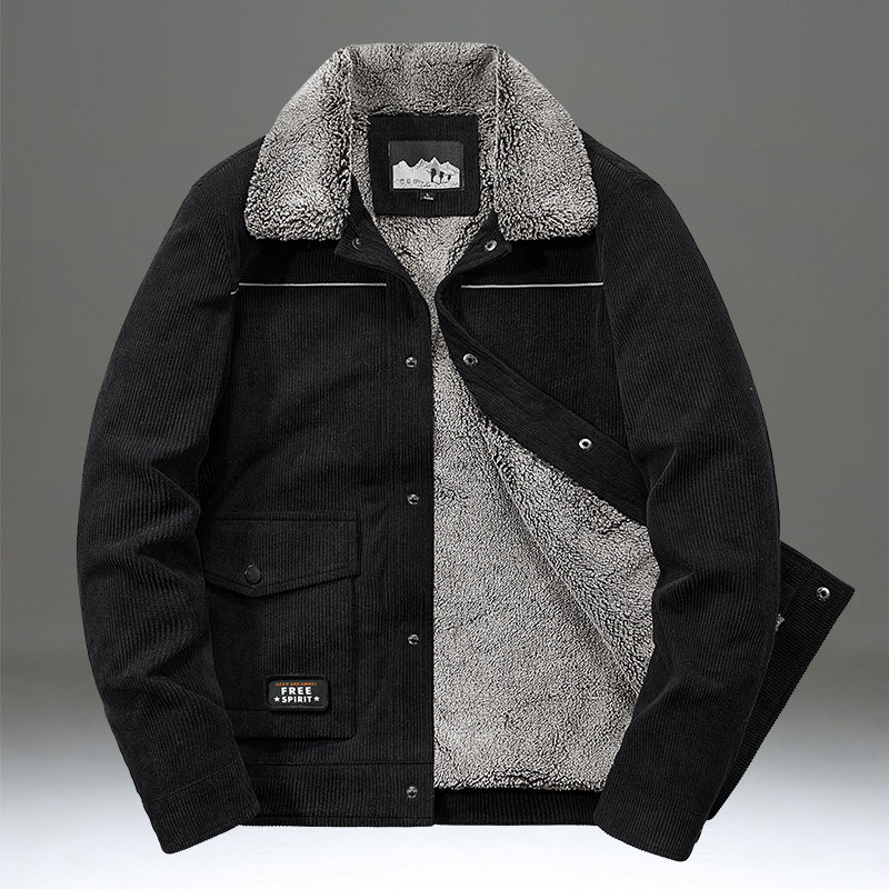 灯芯绒棉服男款冬季加绒加厚翻领宽松休闲工装夹克外套男棉衣黑色