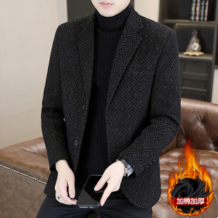 西装 雪尼尔商务休闲外套上衣中年毛呢西服 男秋冬加棉加厚爸爸冬装