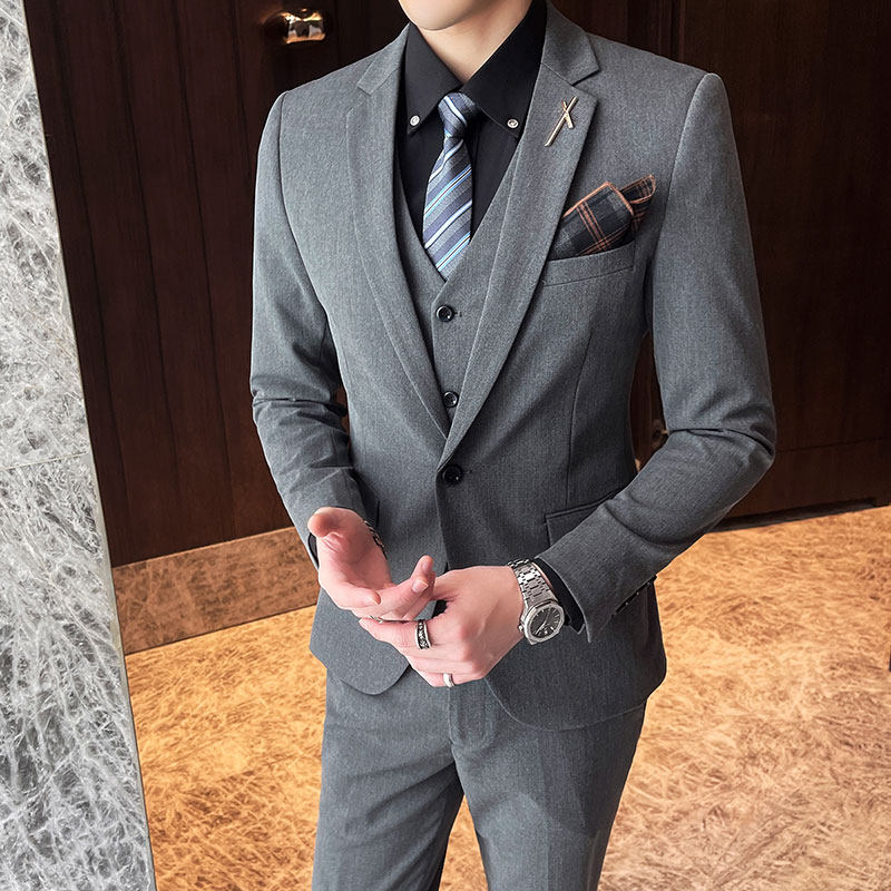 Spring and autumn suit set for men, Korean-style slim-fit groom, best man, wedding dress, host, checked suit, three-piece set, trendy thumbnail 5