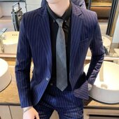 西服三件套高级感西装 潮条纹新郎结婚礼服 修身 男商务正装 西服套装