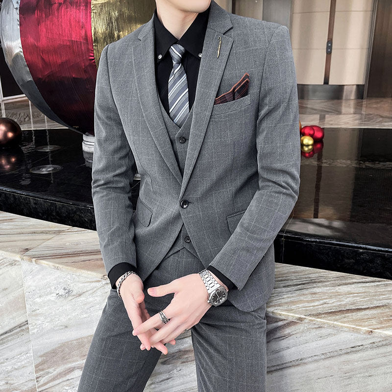 Spring and autumn suit set for men, Korean-style slim-fit groom, best man, wedding dress, host, checked suit, three-piece set, trendy thumbnail 2