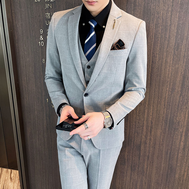 Spring and autumn suit set for men, Korean-style slim-fit groom, best man, wedding dress, host, checked suit, three-piece set, trendy thumbnail 3