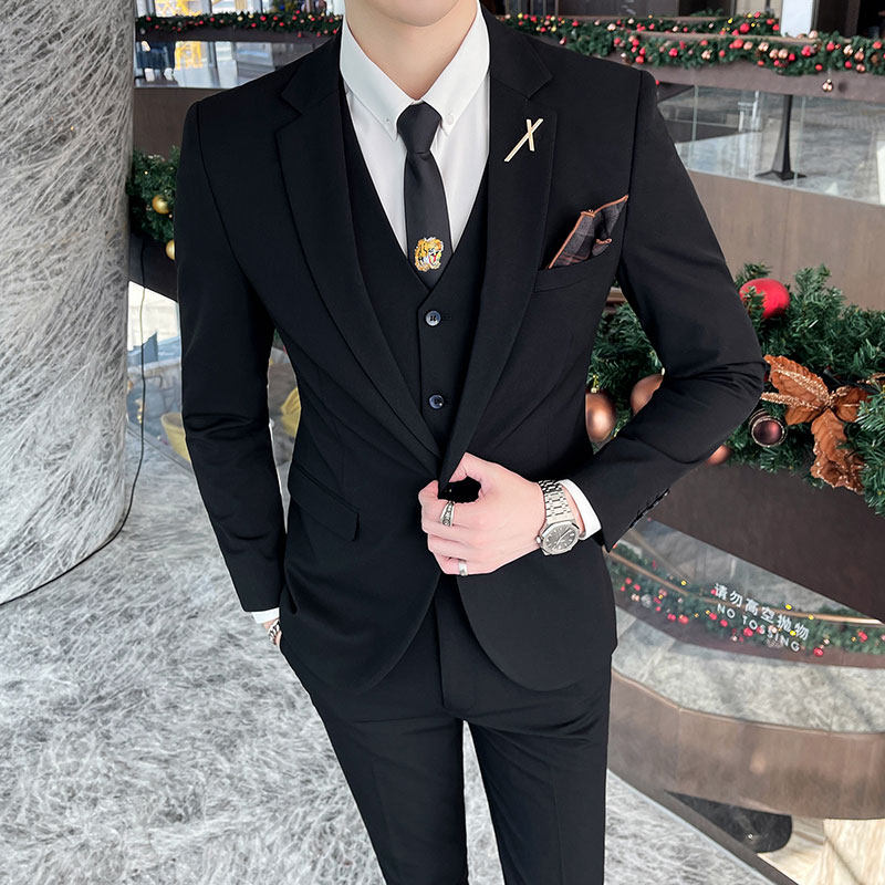 Spring and autumn suit set for men, Korean-style slim-fit groom, best man, wedding dress, host, checked suit, three-piece set, trendy thumbnail 4