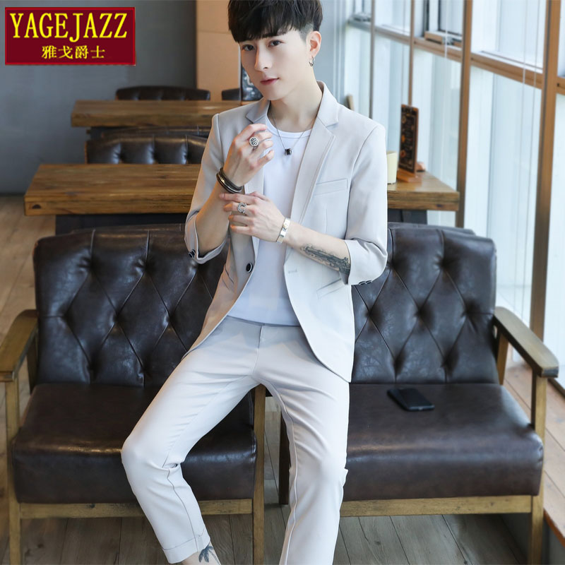 西服套装男修身韩版帅气潮外套学生五分七分袖夏季薄款休闲小西装
